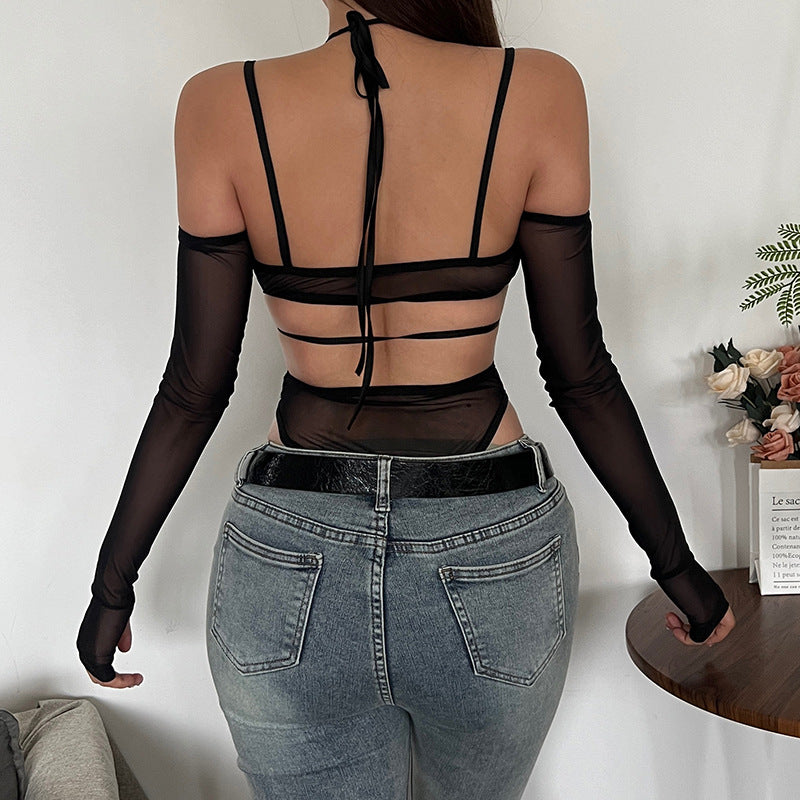 Black mesh bodysuit with jeans from Cute Halter Lace Up Corset showcasing modern fashion and ملابس