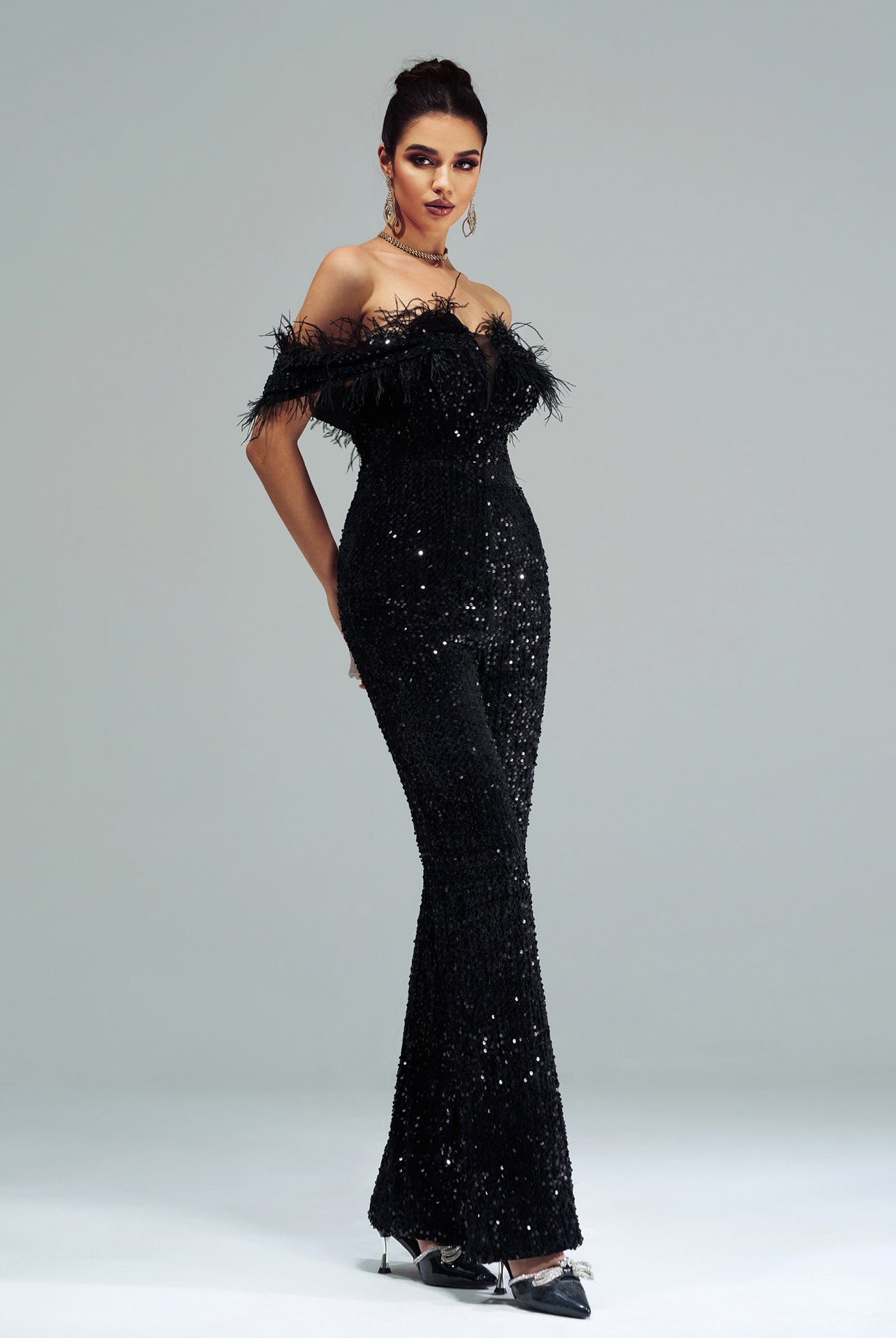 Elegant black off-the-shoulder sequined gown from High End Cocktail Jumpsuit in luxurious fashion style