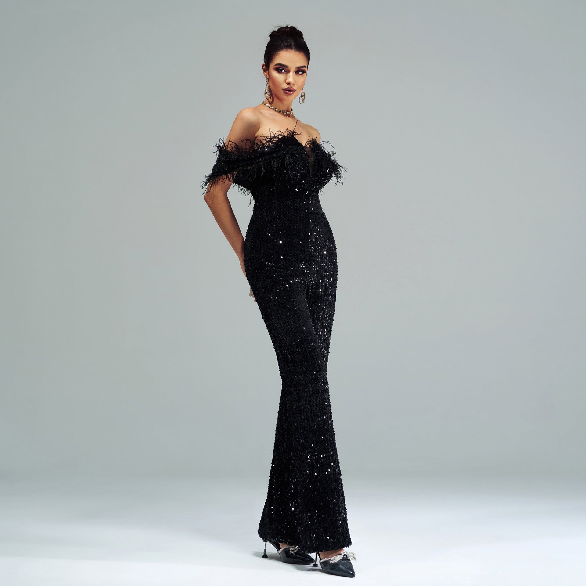 Elegant black off-the-shoulder sequined gown from High End Cocktail Jumpsuit in luxurious fashion style