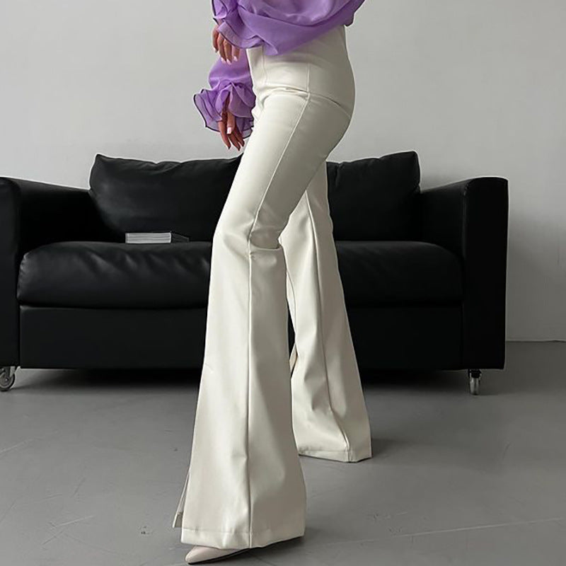 Cream-colored faux leather flared pants from Winter Faux Leather Slit Pants collection