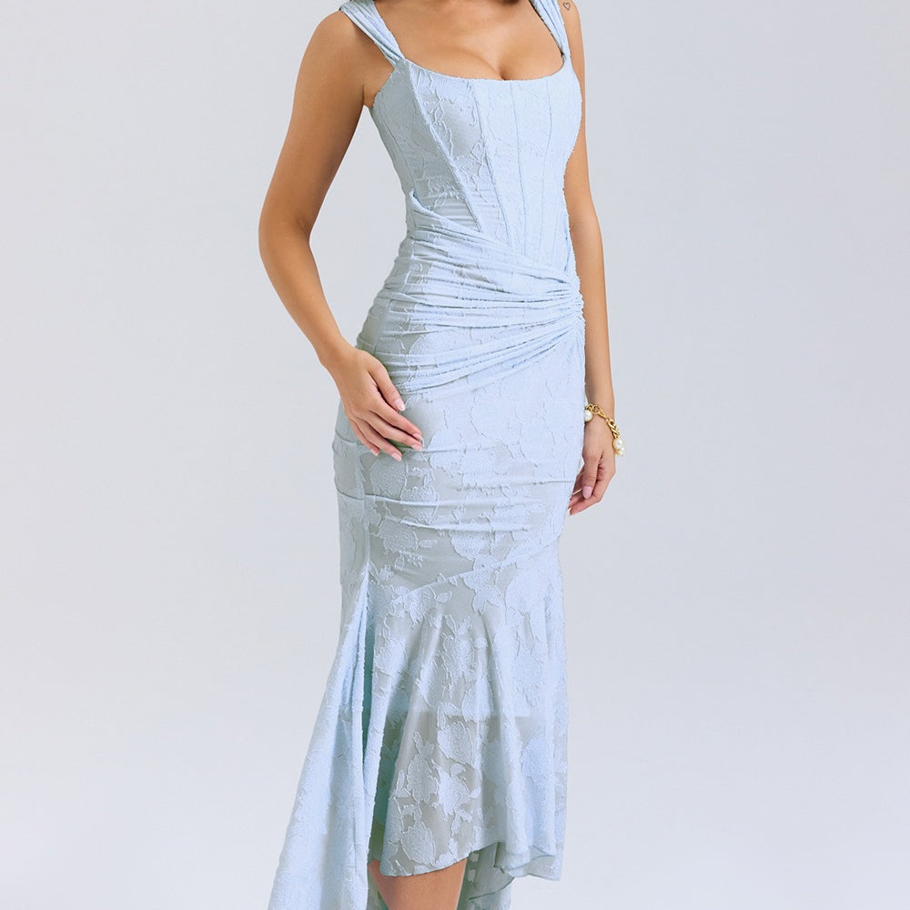Pale blue ruched mermaid cami dress with asymmetrical hem and spaghetti straps
