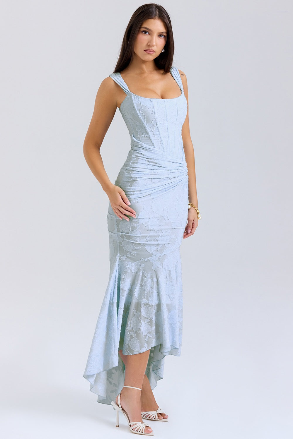 Pale blue ruched mermaid cami dress with asymmetrical hem and spaghetti straps