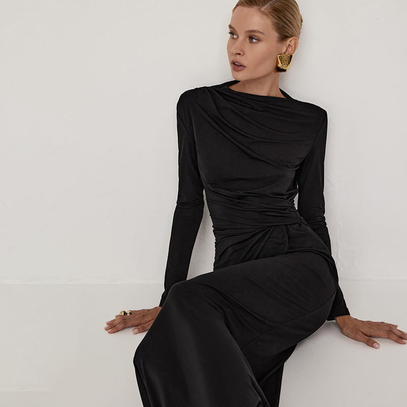 Elegant black draped dress from Intellectual Elegant Dress, perfect for fashionable ملابس