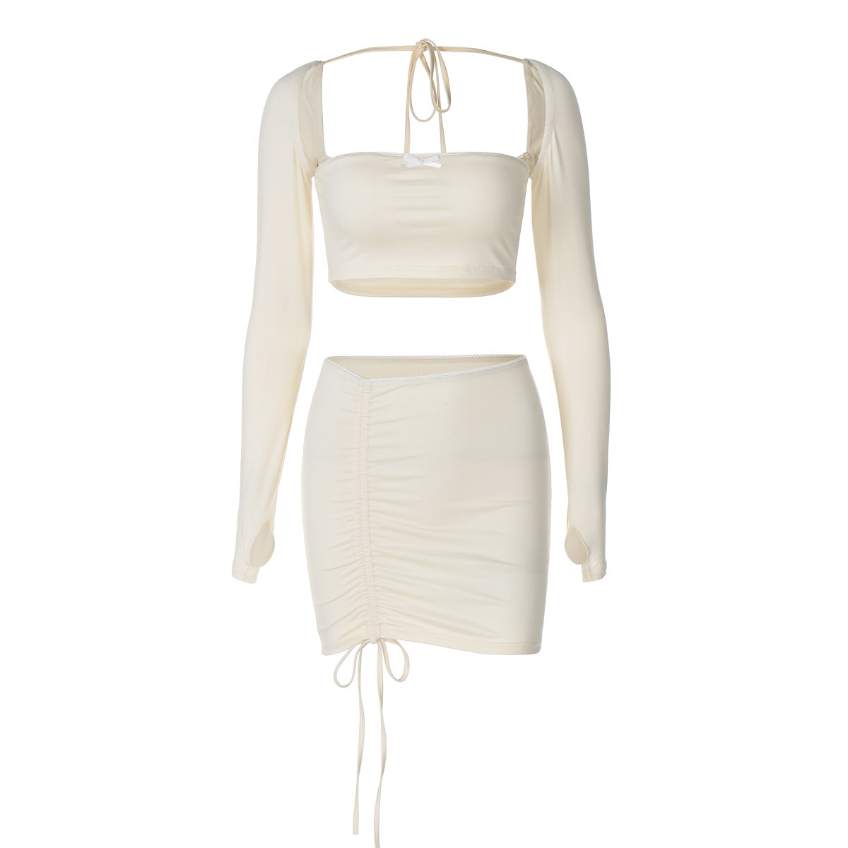 Cream-colored two-piece long sleeve dress set featuring a stylish lace back design