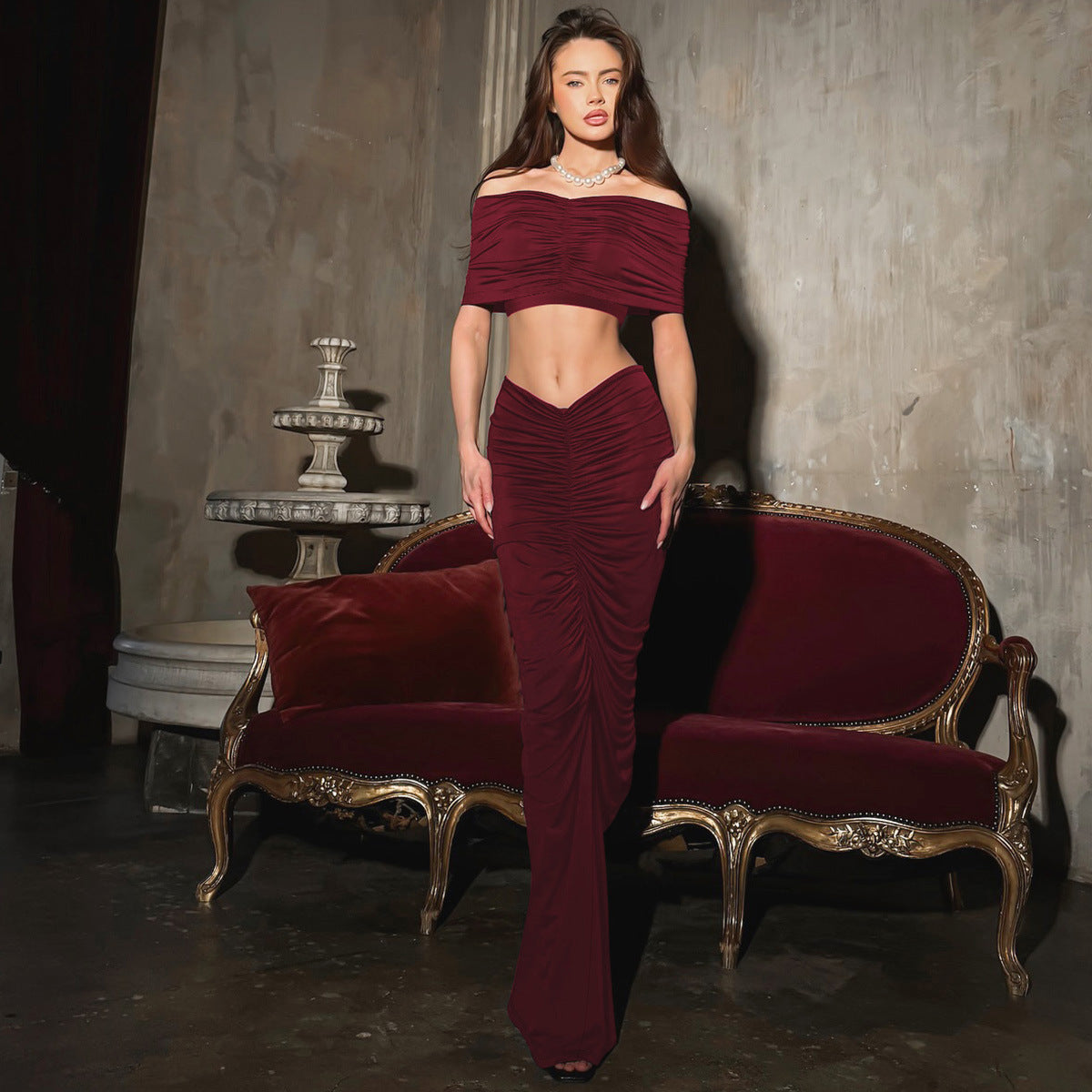 Elegant Burgundy off-the-shoulder crop top and pleated skirt set for stylish langry fashion design