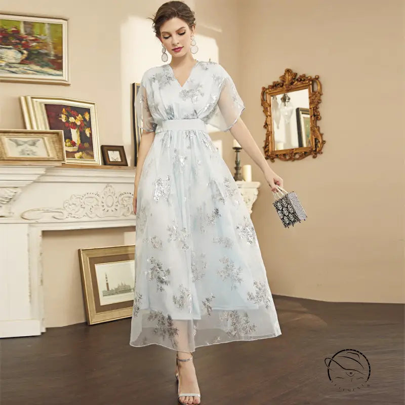 Elegant langry fashion chiffon maxi dress with silver floral embroidery