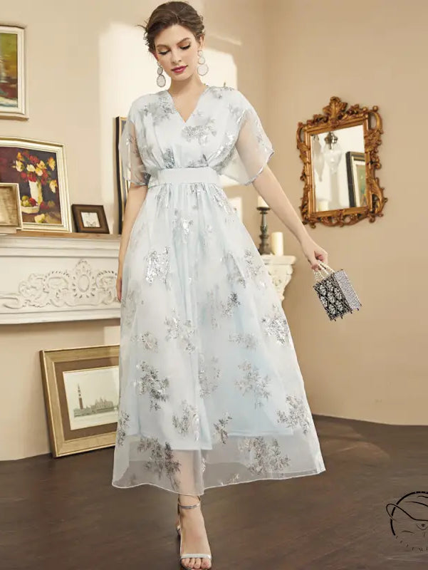 Elegant langry fashion chiffon maxi dress with silver floral embroidery
