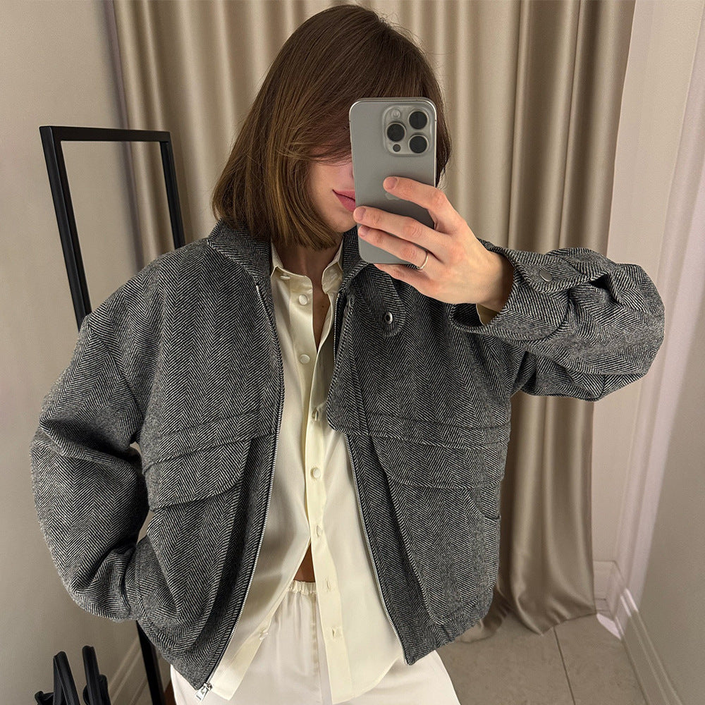 Gray langry tweed bomber jacket with oversized pockets, cozy woolen fashion coat