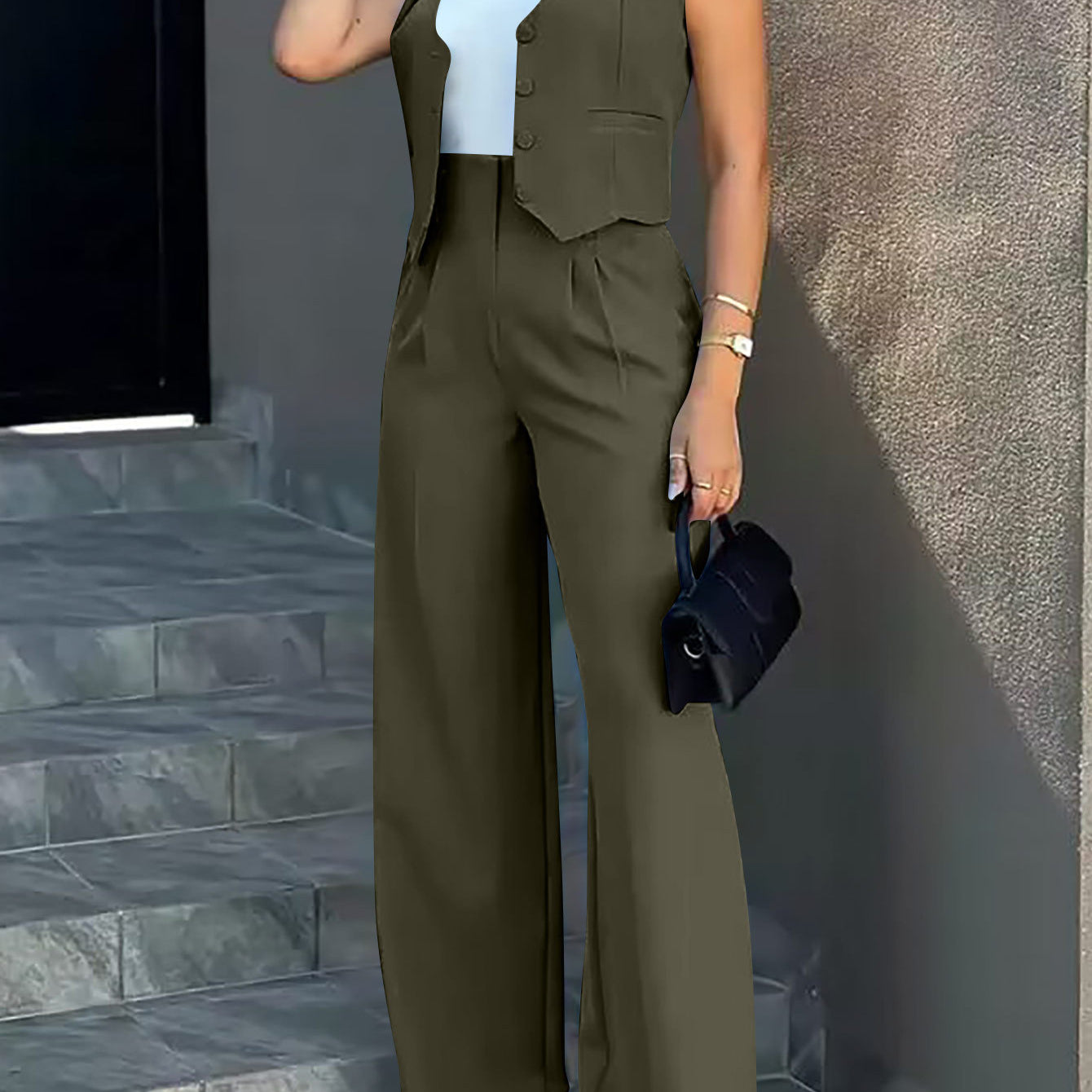Olive green Elegant Vest Jacket Wide Leg Pants Set for trendy langry fashion ملابس