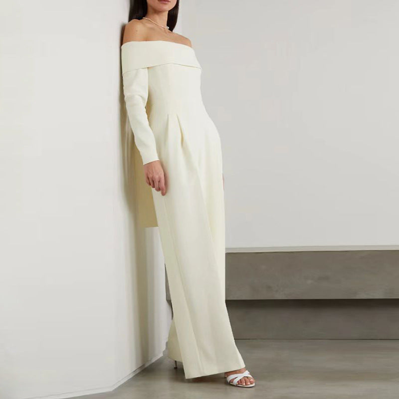 Summer Goddess off-the-shoulder long-sleeved white neck jumpsuit displayed elegantly