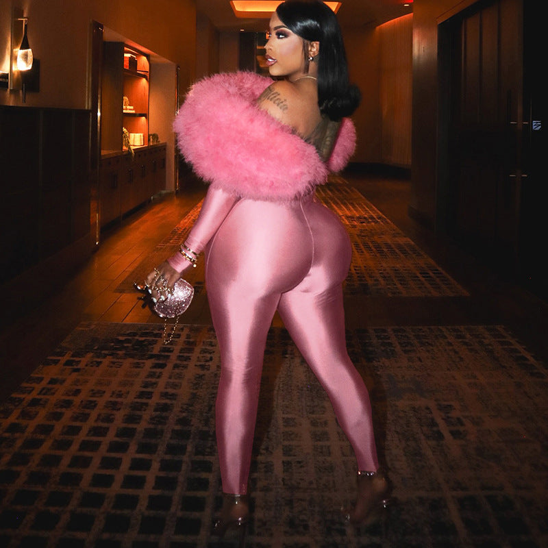 Pink long sleeve off-shoulder furry satin bodysuit with heels