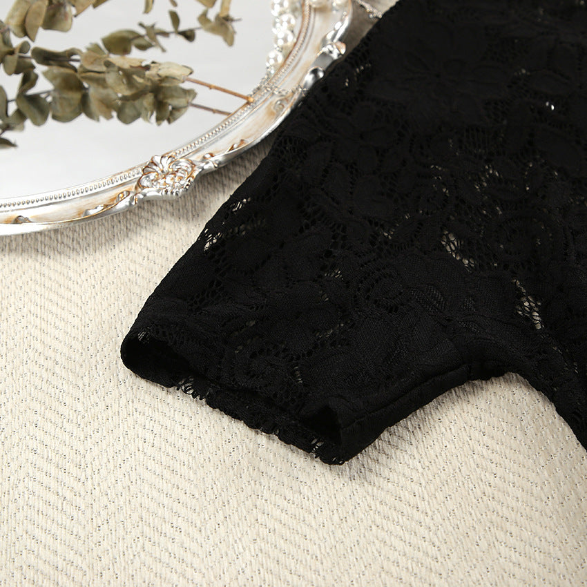 Black short-sleeved lace top with fashionable lace design and slit shorts for summer pajamas