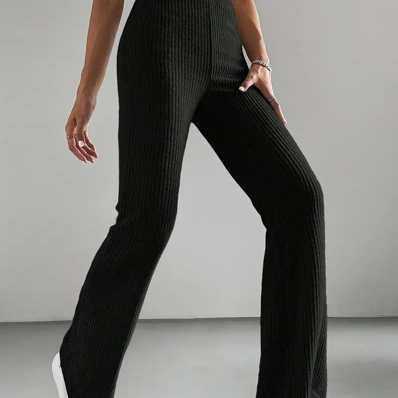 Black ribbed knit flare pants from Casual Knitted All Match Pants collection
