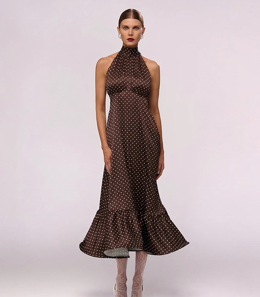 Elegant polka dot French halter satin dress with ruffled hem in Langry fashion