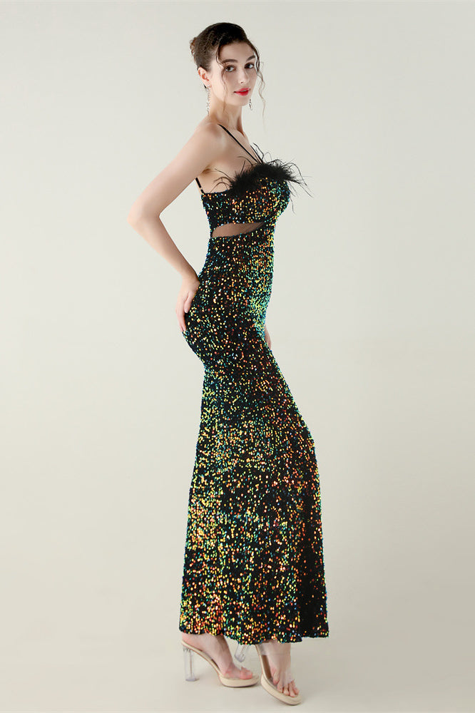 Green sequined strapless langry fashion gown with ostrich feather detail