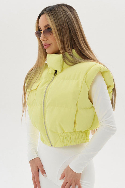 Langry yellow puffer vest with zipper, fringe, warm cotton padded fashion ملابس