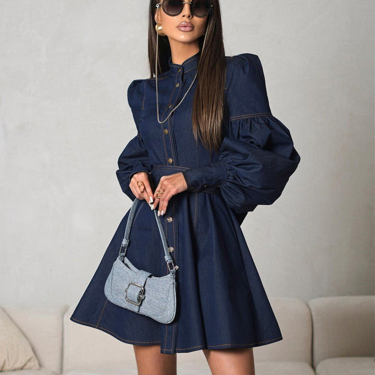 Dark denim shirt fashionable mini dress with balloon sleeves and flared skirt