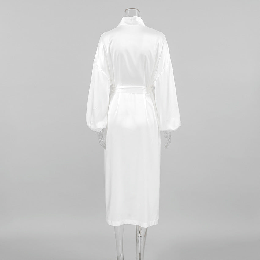 Elegant white satin langry robe with long sleeves and tie belt for comfortable homewear fashion