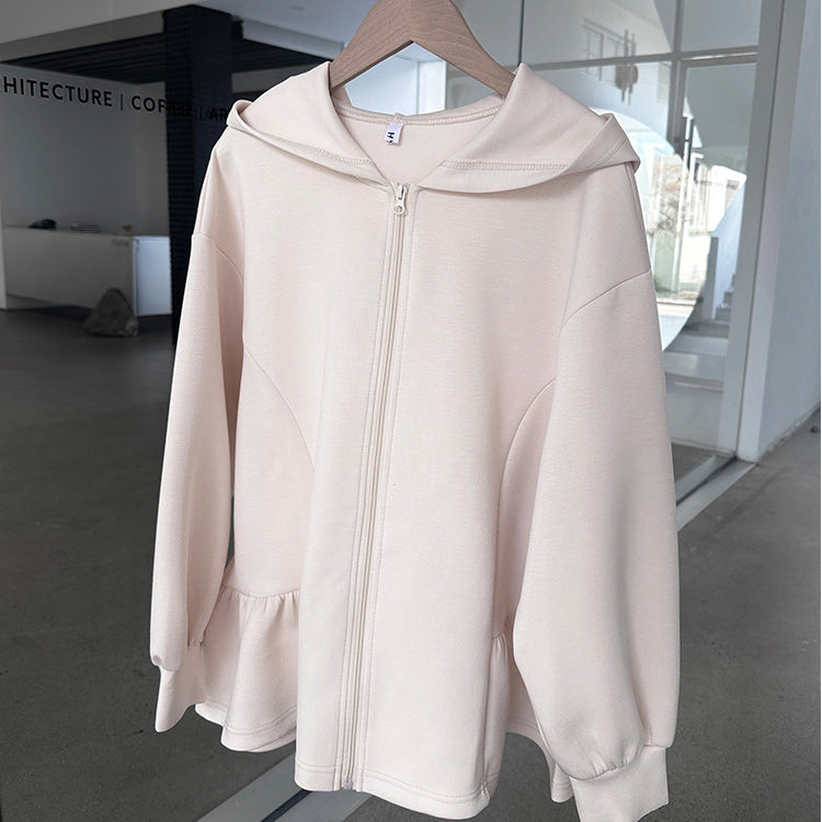 Beige hooded zip-up jacket from Letian Ruffled Hooded Jacket in Vetements winter collection