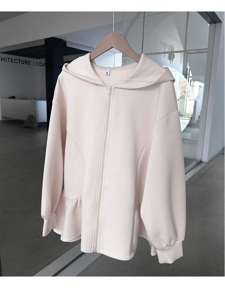 Beige hooded zip-up jacket from Letian Ruffled Hooded Jacket in Vetements winter collection