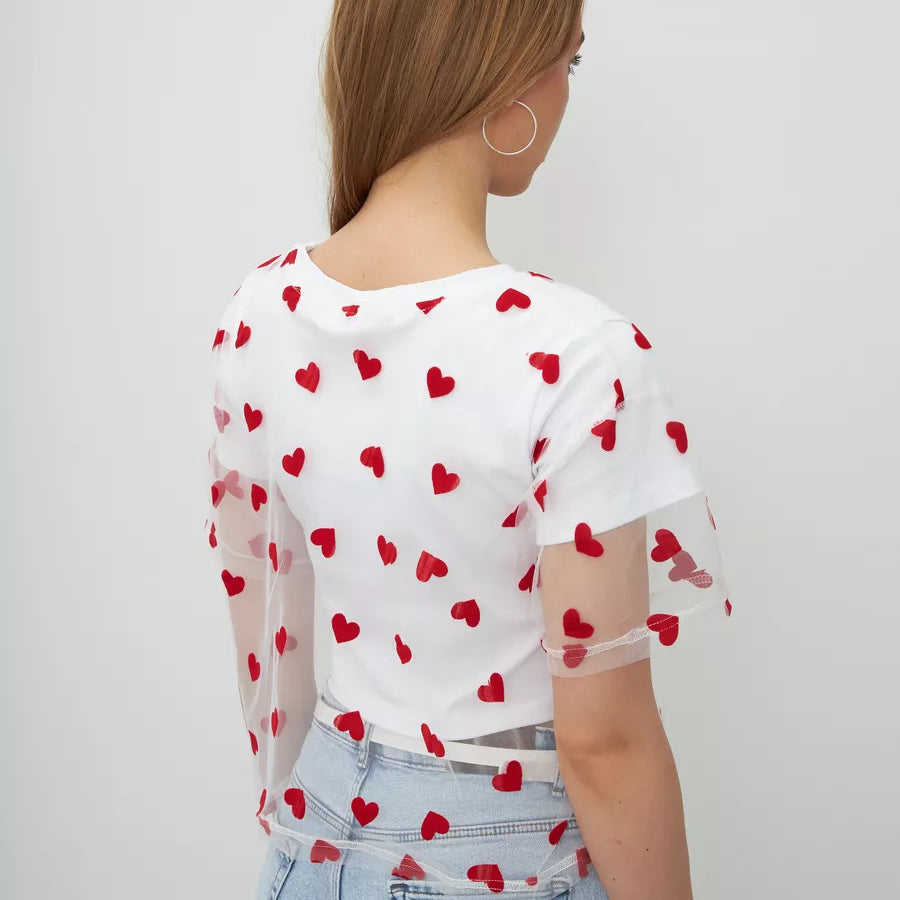 Elegant Faux Two Piece Cotton Short Top featuring a white t-shirt with red heart pattern