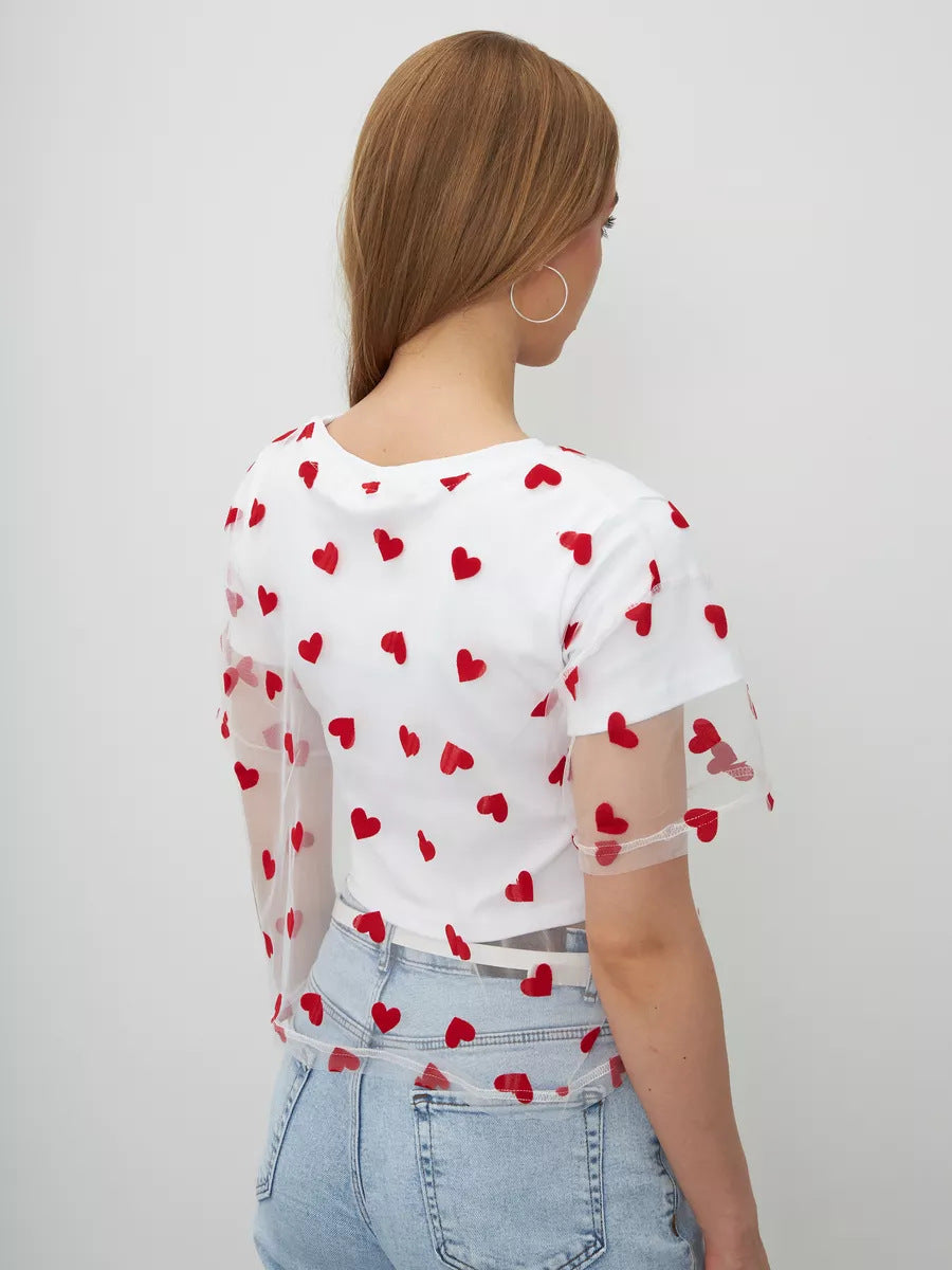 Elegant Faux Two Piece Cotton Short Top featuring a white t-shirt with red heart pattern