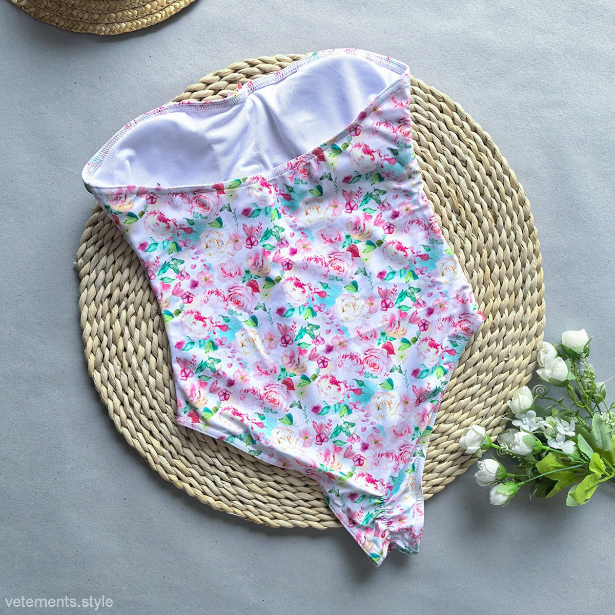 Floral strapless boho swimsuit displayed in ONE PIECE BOHO SWIMSUIT collection