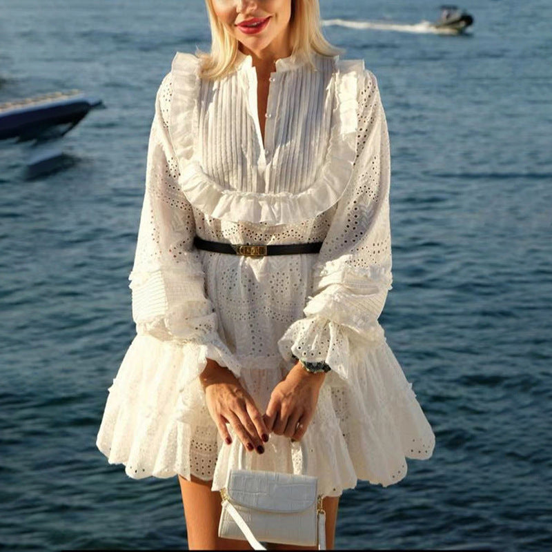 French Vintage Summer Stand Collar Embroidery Dress