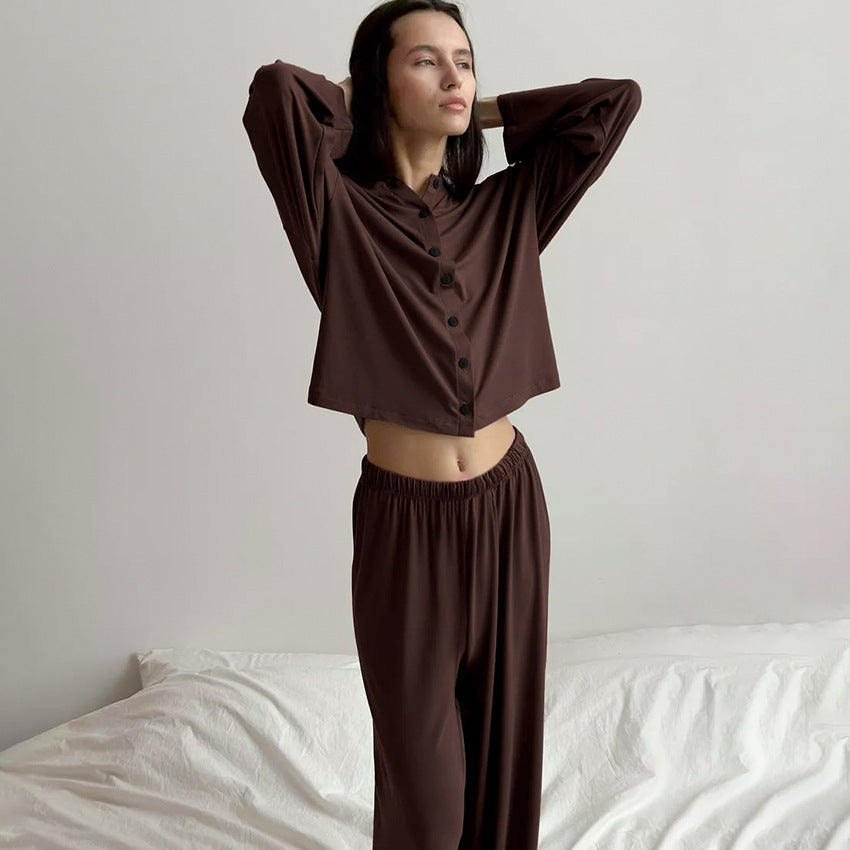 Dark brown long sleeve pants and top two-piece pajama set for comfortable sleep wear
