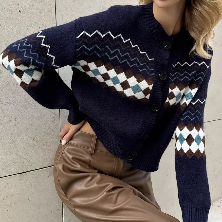 Navy patterned Jacquard knitted cardigan sweater with regular sleeves for fashion style