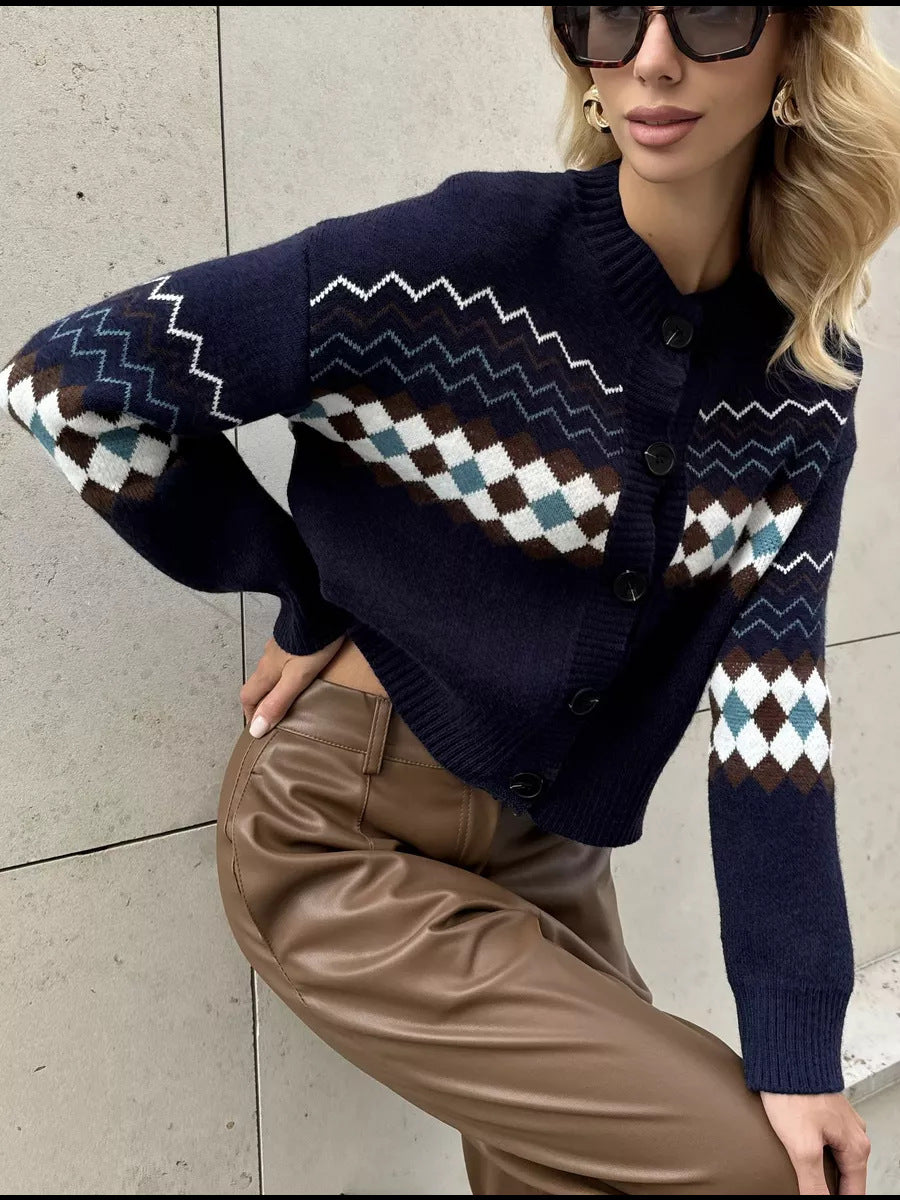 Navy patterned Jacquard knitted cardigan sweater with regular sleeves for fashion style