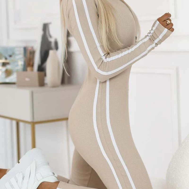 Beige winter slim striped jumpsuit with white stripes and half zipper detail