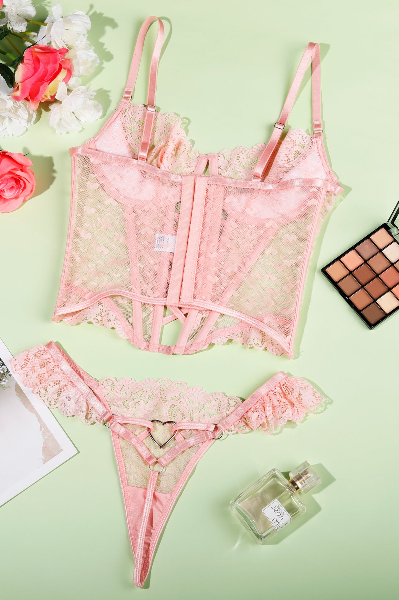 Pink lace corset and thong lingerie set for stunning fashion and ملابس choices