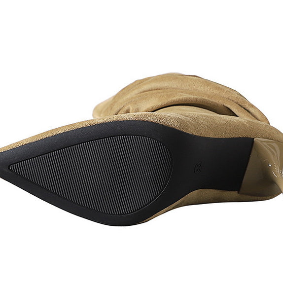 Tan suede Langry fashion boot with black sole and transparent heel