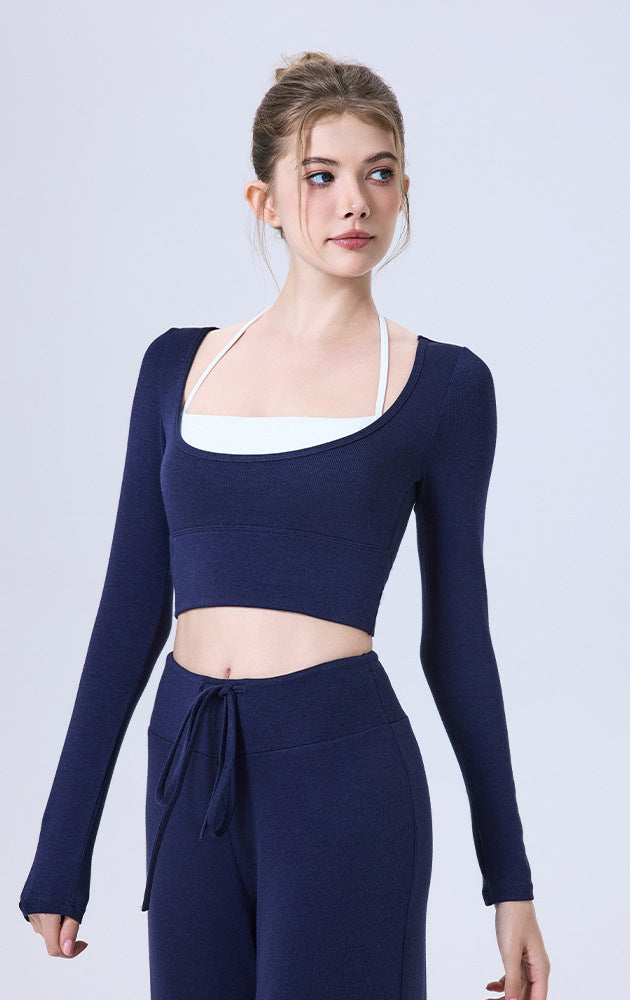 Langry navy blue ribbed crop top for yoga running fashion ملابس