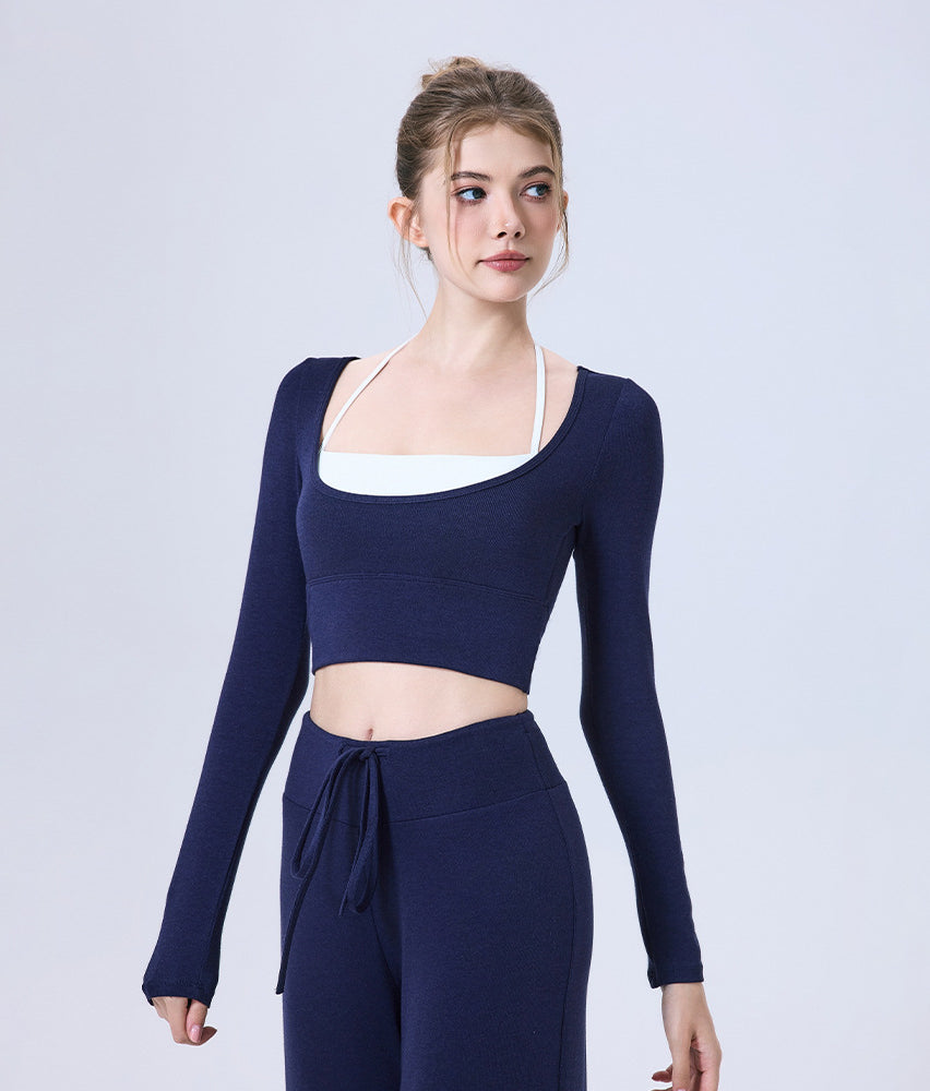 Langry navy blue ribbed crop top for yoga running fashion ملابس