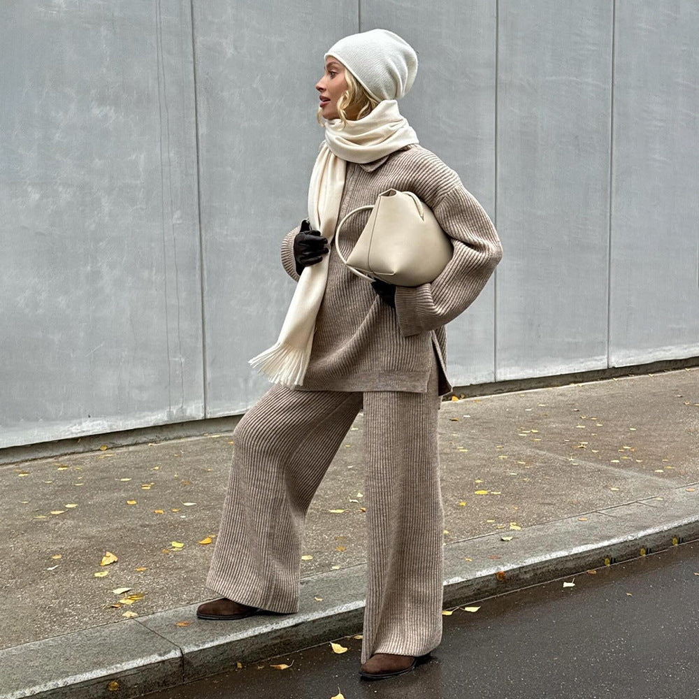 Knitted Polo Collar Long Sleeve Wide Leg Pants Sweater Set