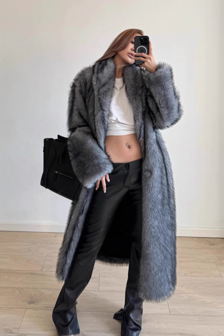 Elegant Cozy Fox Fur Coat in long plush gray faux fur with wide cuffs