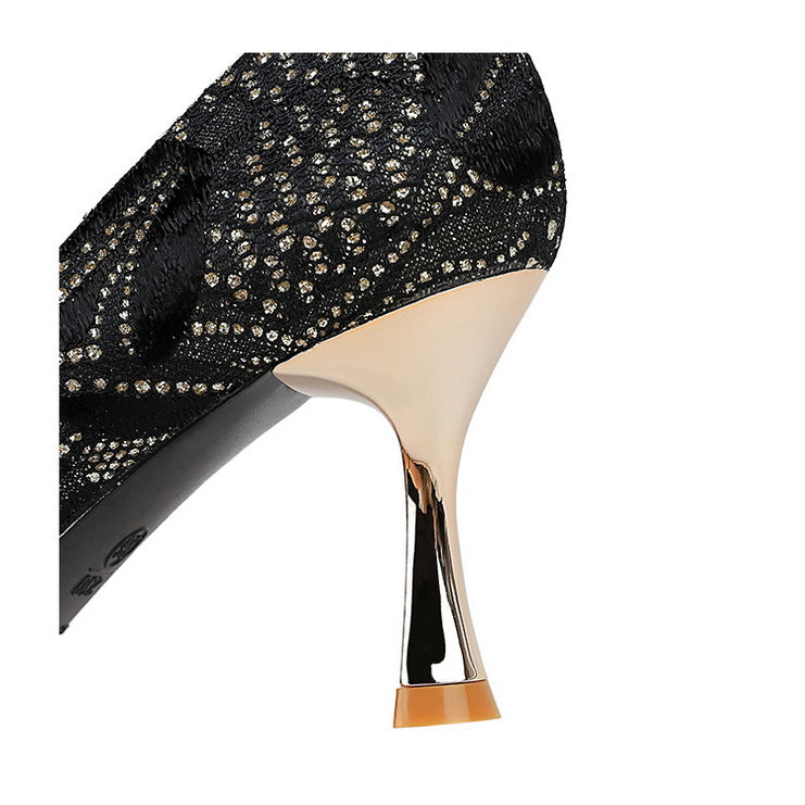 Elegant black lace mid heel shoe with gold metallic accents in Langry fashion