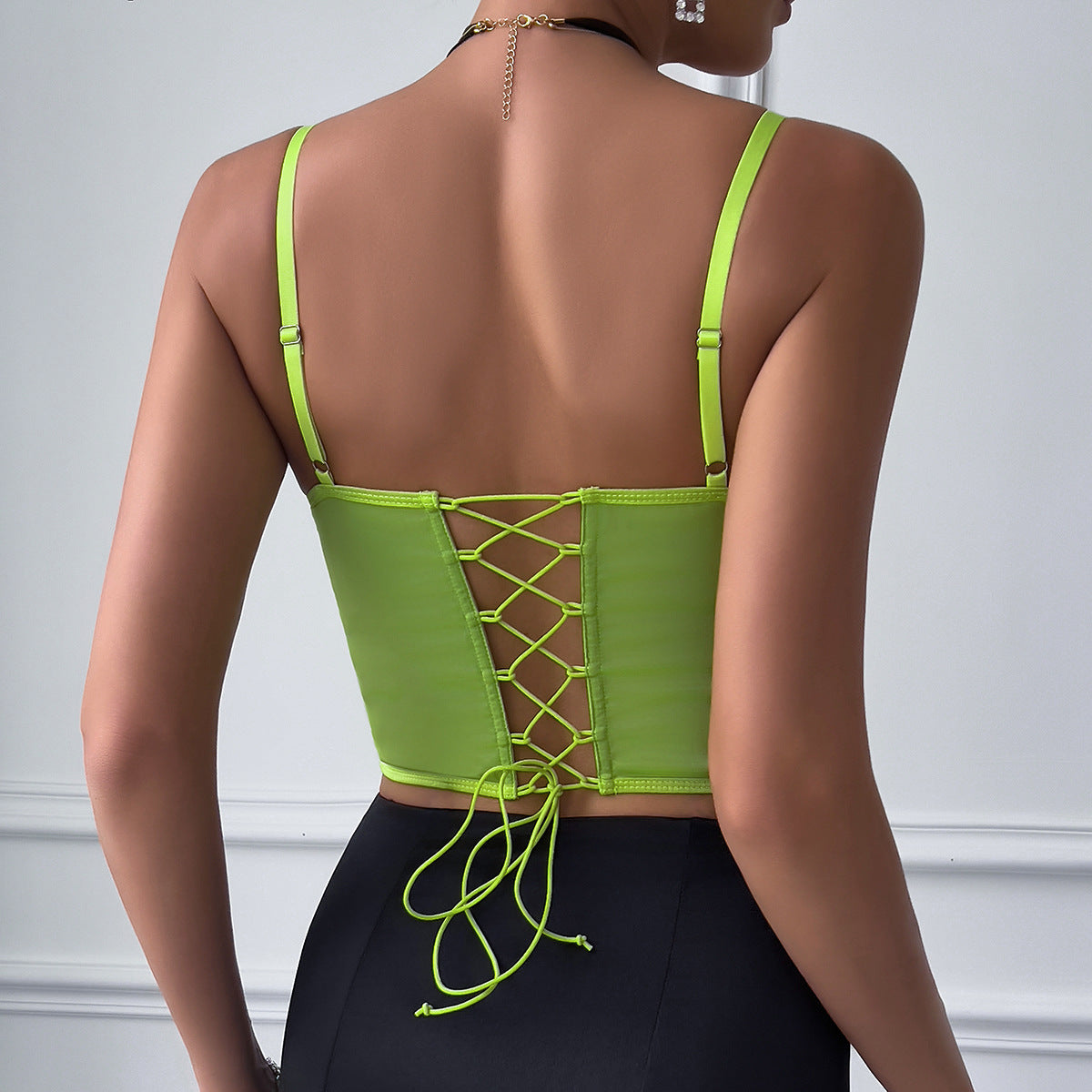 Lime green lace-up corset top from Fluorescent Satin Lace Deep V Plunge Bandage Party Camisole, ideal for fashion enthusiasts