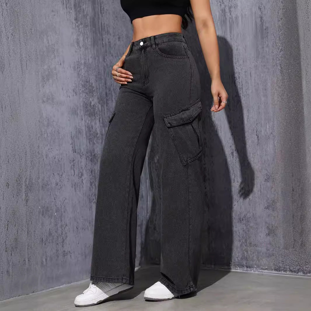 Gray cargo jeans in Women Straight Jeans Washed Gray Black fashion collection highlighting ملابس sophistication