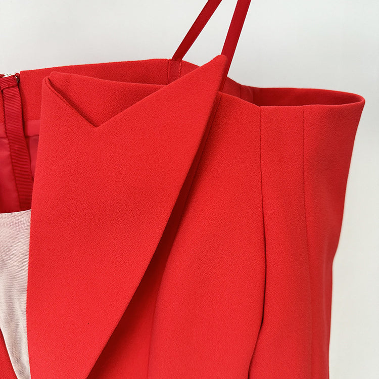 Bright red strapless dress with a folded V-neckline for elegant fashion and ملابس styling