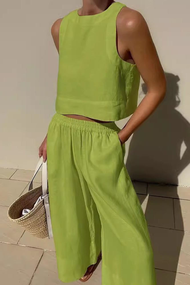 Lime green two-piece Casual Loose Sleeveless Shirt Set for stylish langry fashion ملابس