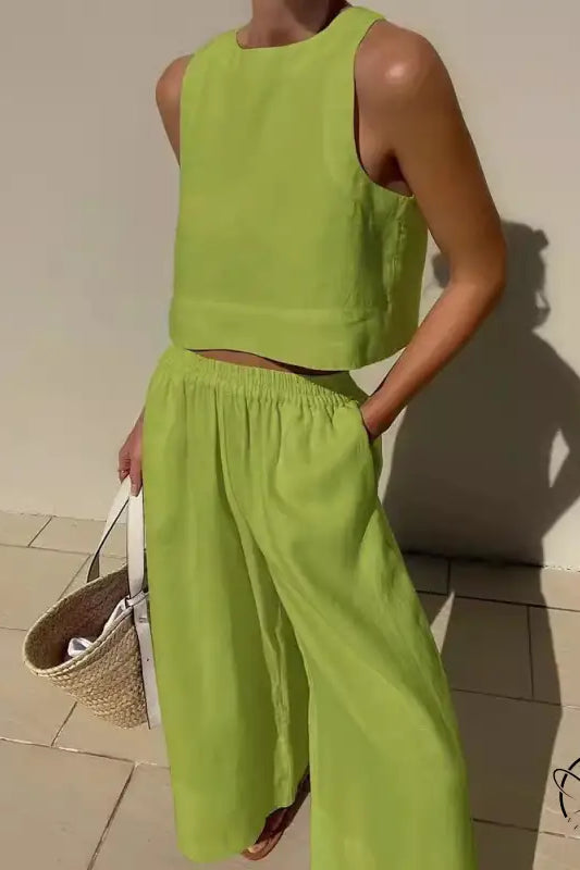 Lime green casual loose sleeveless shirt two piece set