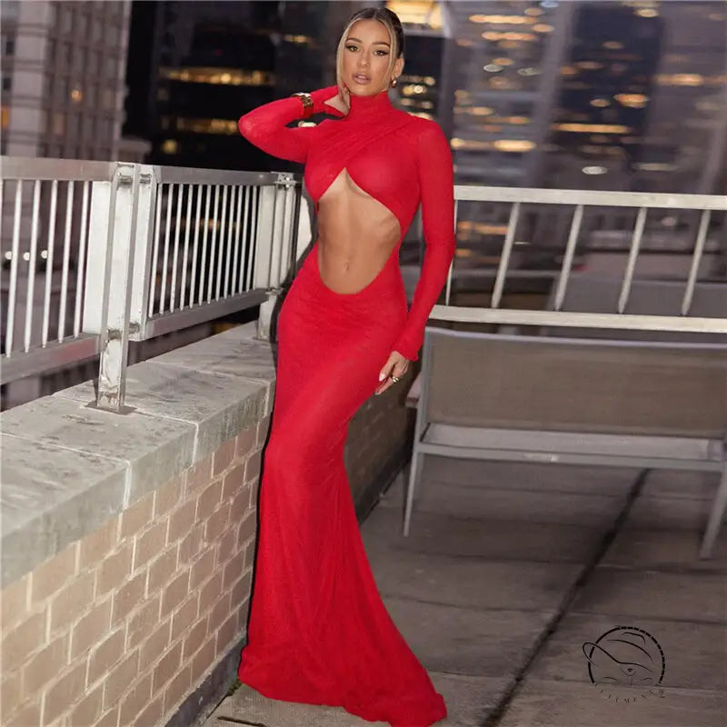 Stunning red long-sleeved cutout langry fashion dress
