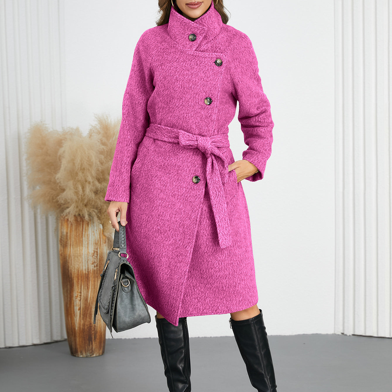 Magenta belted wool coat from Comfy Slim Woolen Coat collection, perfect for fashion and ملابس
