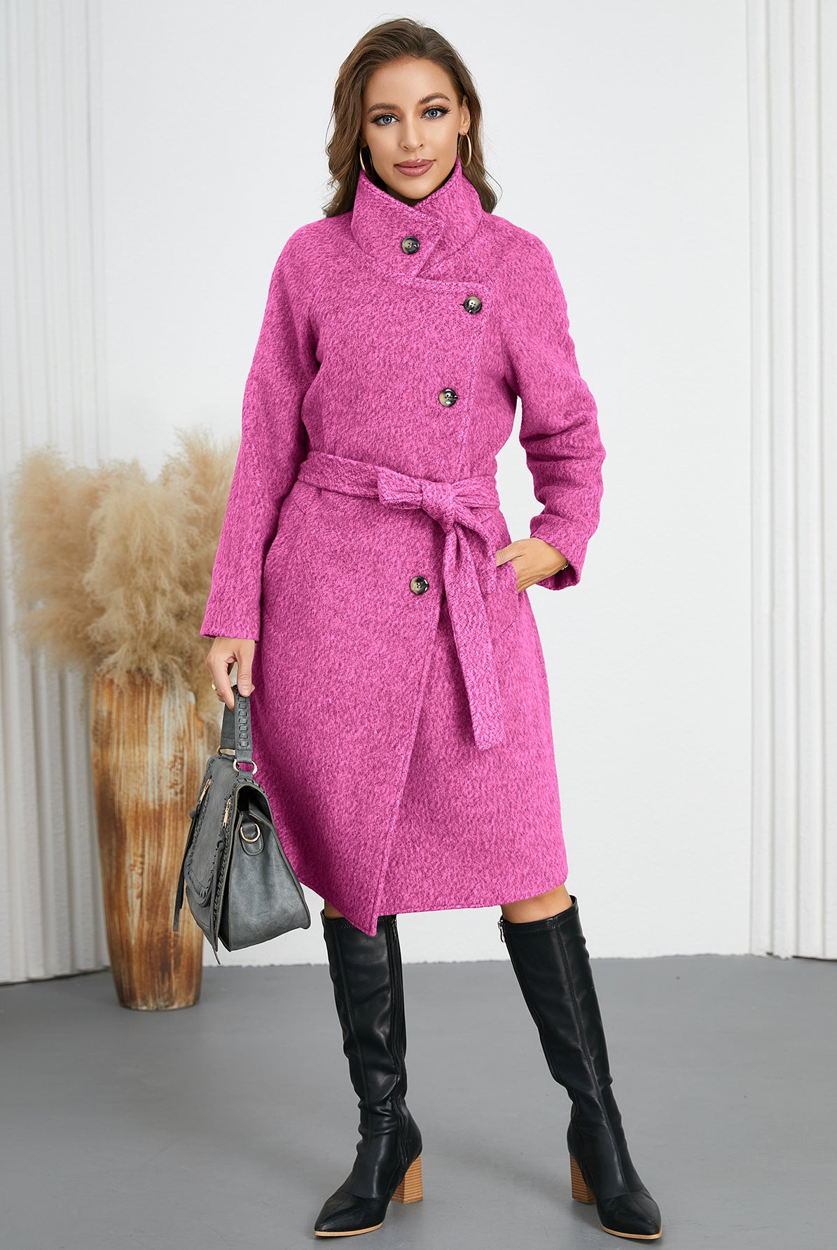 Magenta belted wool coat from Comfy Slim Woolen Coat collection, perfect for fashion and ملابس