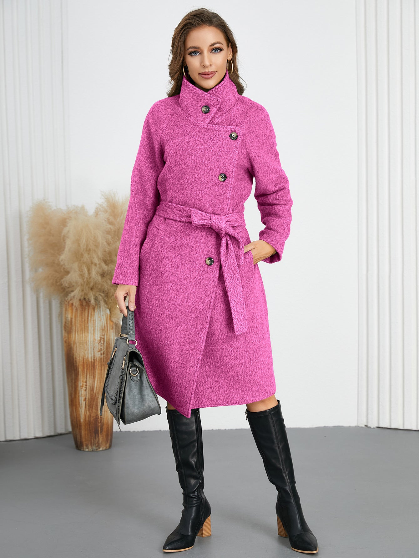 Magenta belted wool coat from Comfy Slim Woolen Coat collection, perfect for fashion and ملابس