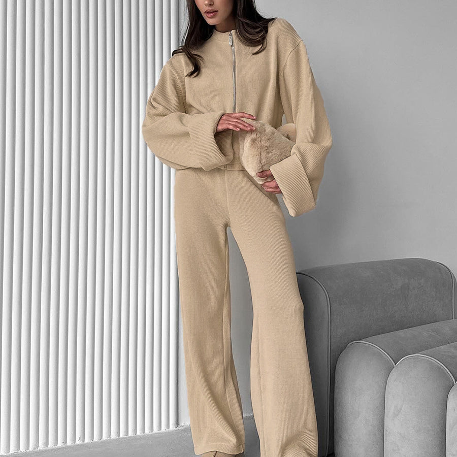 Enchanting Langry knitted beige sweater and wide-leg pants set for fashion lounging