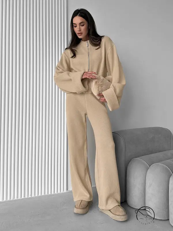 Enchanting knitted beige langry fashion set with bell sleeves and wide-leg pants